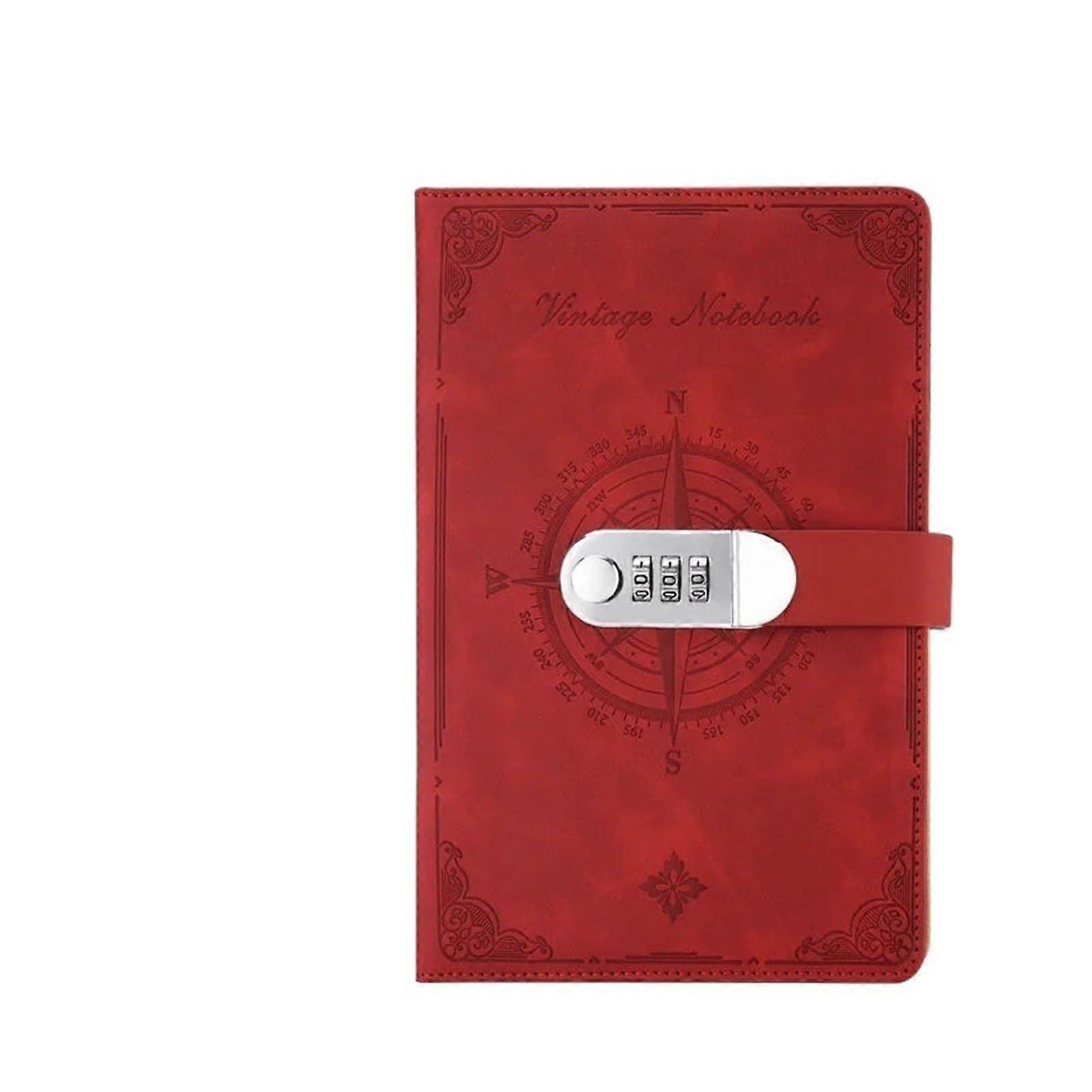 A5 200 Pages Retro Password Notebook with Lock, Thick Creative Diary for Students, Red Writing Pad, Journal