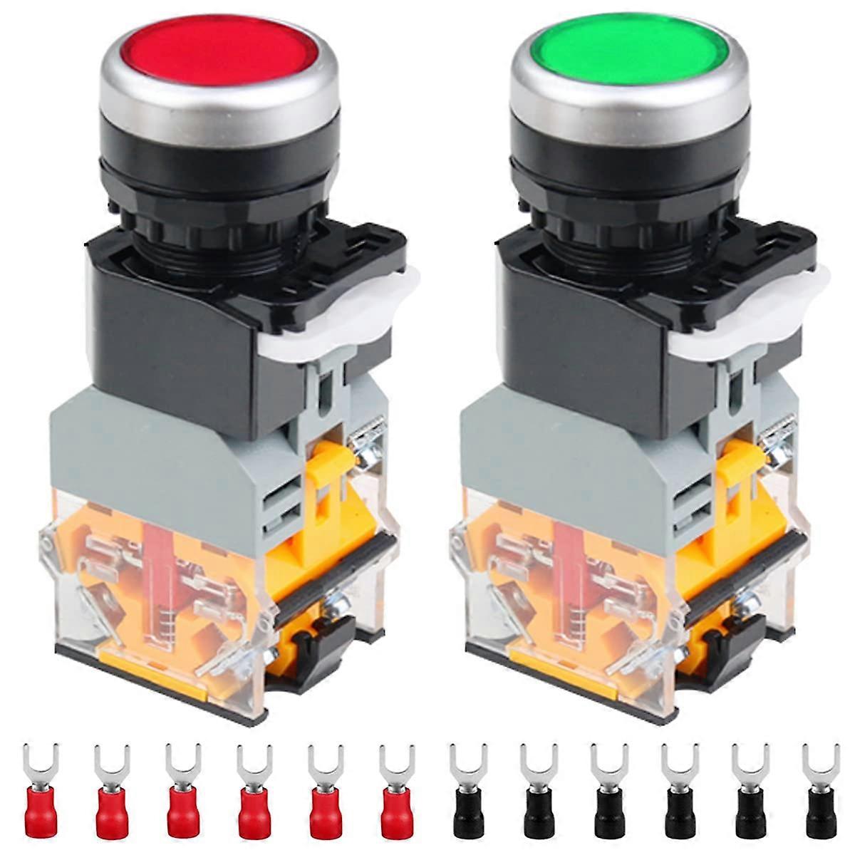 24V Momentary Push Button Switch LA38-11DN 10A 22mm Red Green LED Indicator Light with 12 Fork Cable Lugs 1NO 1NC