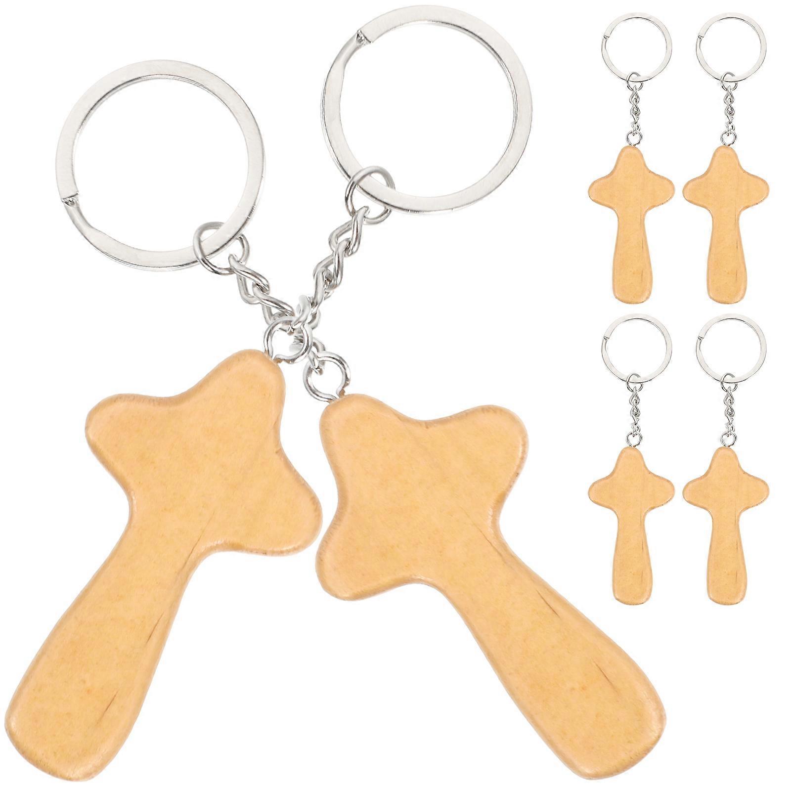 Decorative Keychain Cross Key Ring Simple and Natural Style Wood 6Pcs