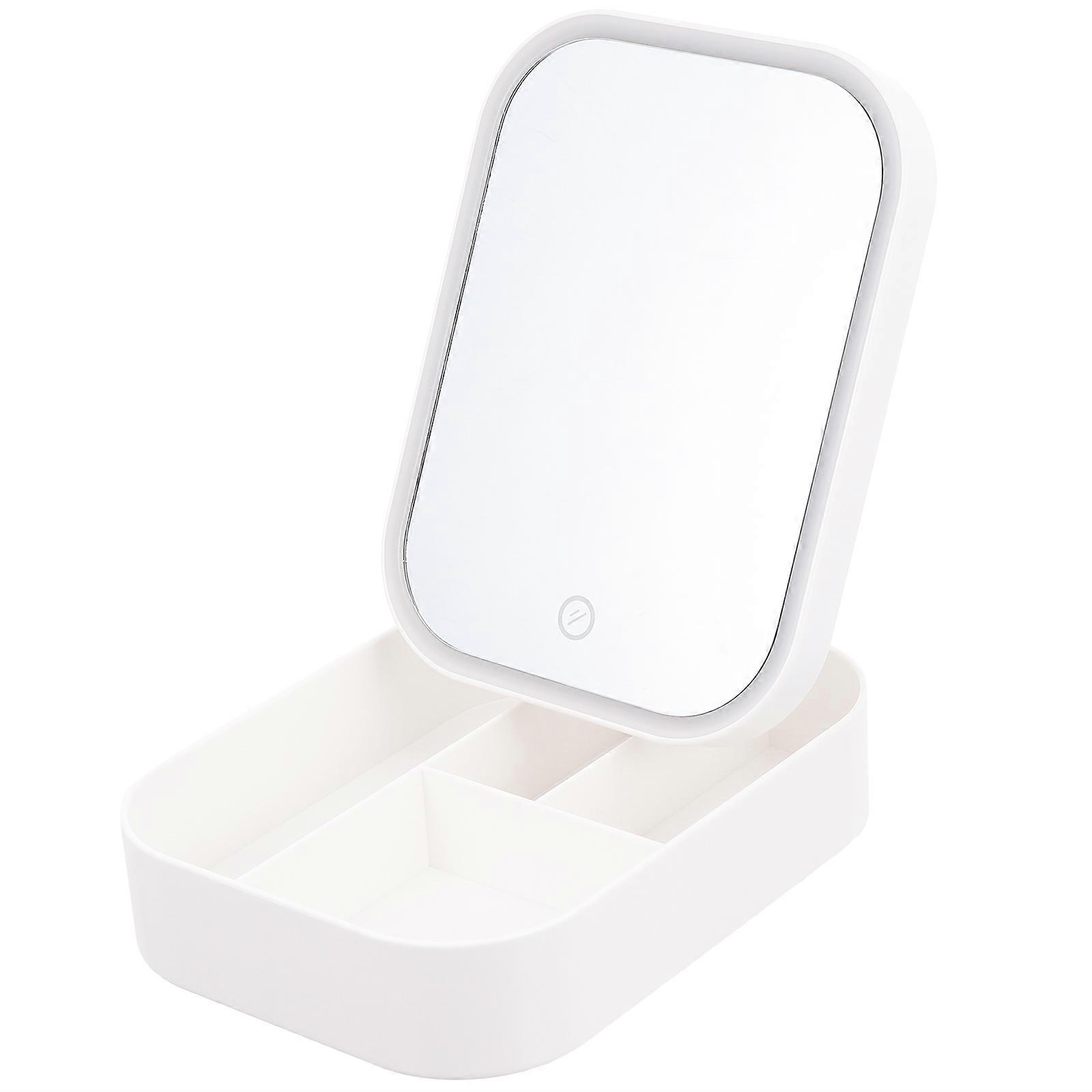 White LED Makeup Mirror with Storage Box for Travel Adjustable Brightness Glass Plastic 2in1