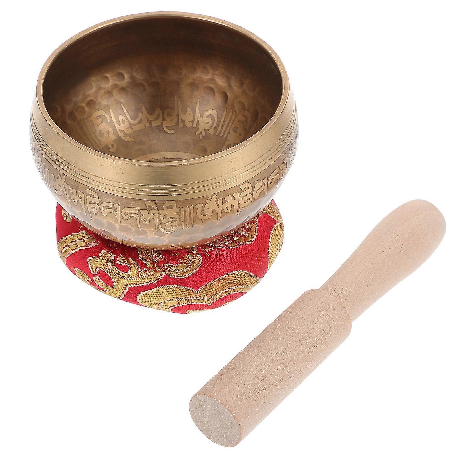 Golden Buddhist Meditation Sound Bowl with Wooden Stick for Decor Composite Material 7 Inch