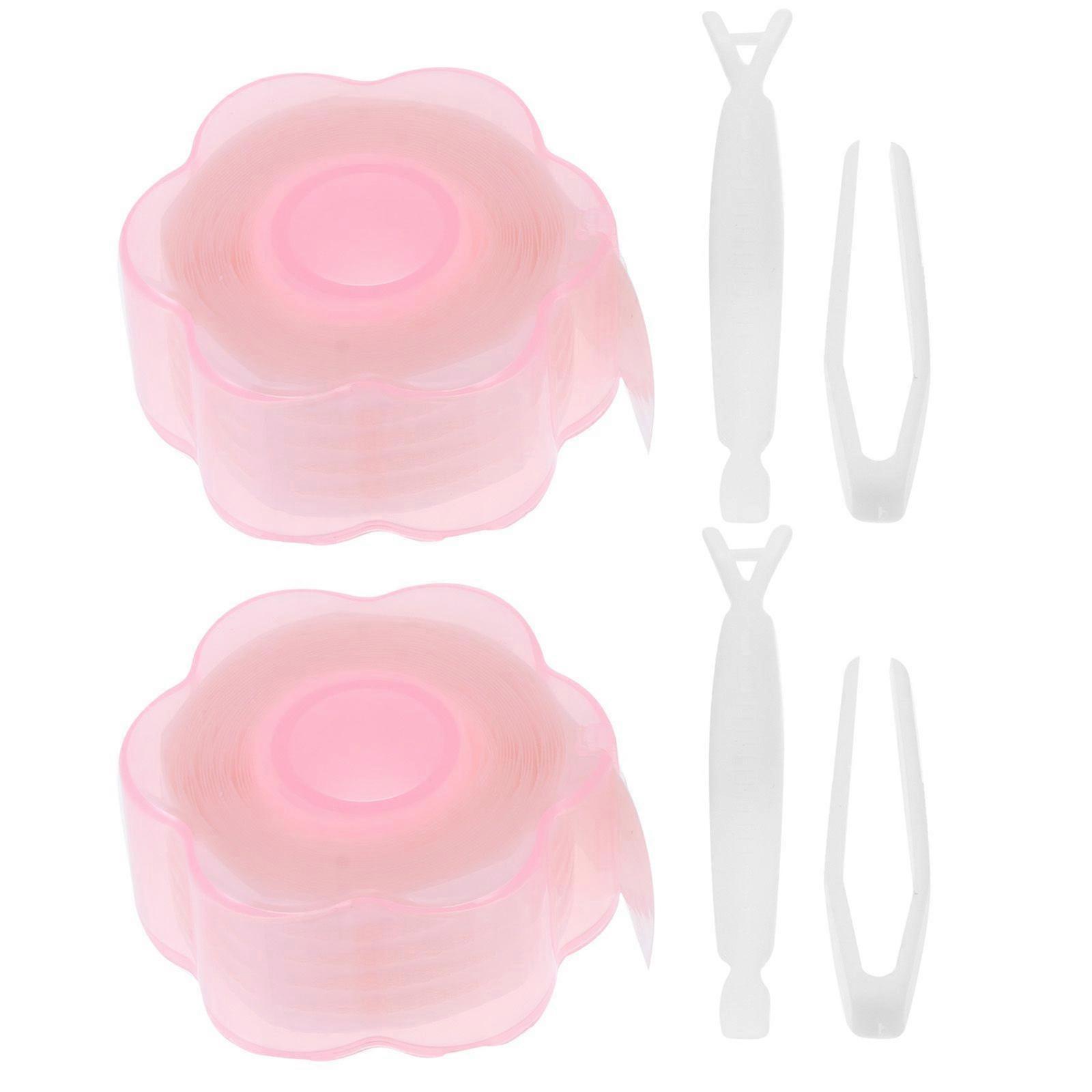 2 Sets Traceless Double Eyelid Tapes with Fork Tweezer Beauty Eye Patches (Pink)