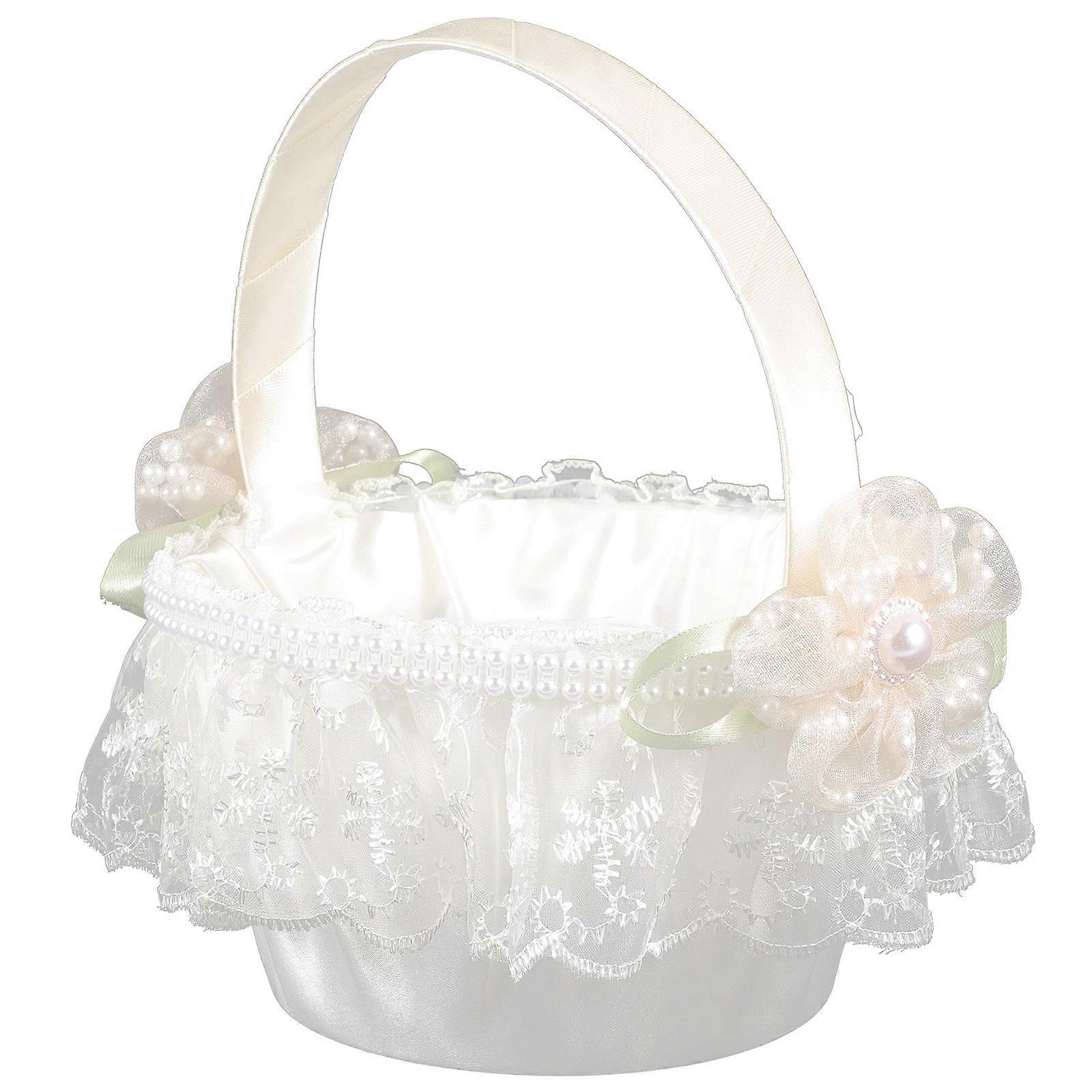Elegant Wedding Flower Girl Basket with Smooth Satin Fabric for Decoration Use White 6.5x4x3 Inches