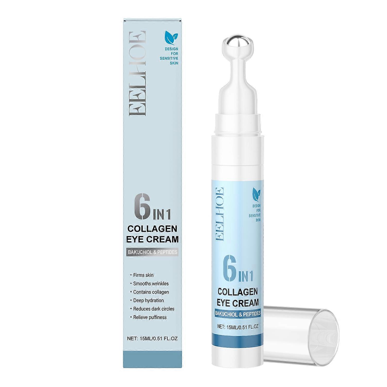 EELHOE 6 in 1 Collagen Eye Cream 15ml Hydrating Firming Anti Aging Eye Serum for Reduce Fine Lines &