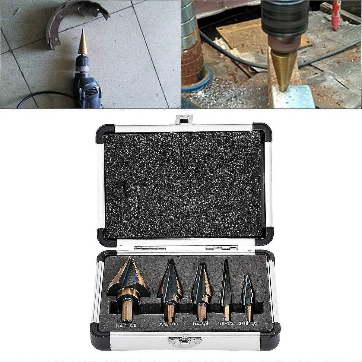 5 Pieces Step Drill Bit Set 50 Sizes Titanium Coated HSS Gold Aluminum Case Triangle Round Shank Taper Multifunctional DIY