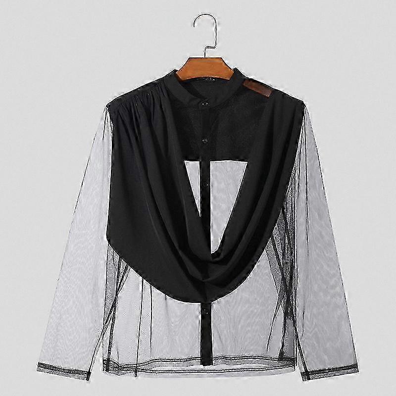 Men's Casual Long Sleeve Mesh Patchwork Shirt with Button-Up Closure