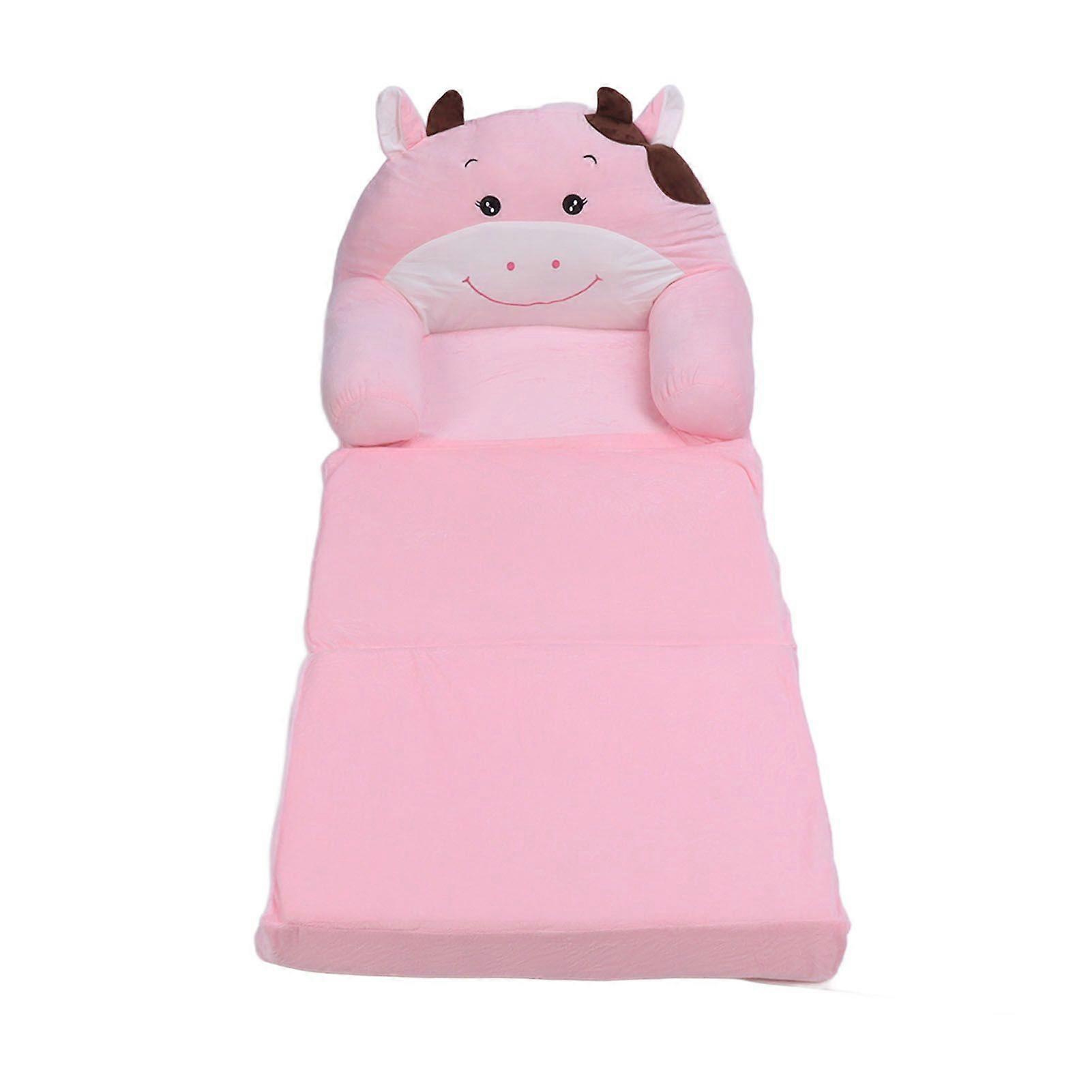 Foldable Kids Sofa Cute Cartoon Soft Comfortable Children Folding Couch Sofa Bed for Boys Girls Bedroom Pink Cow 3 Layers