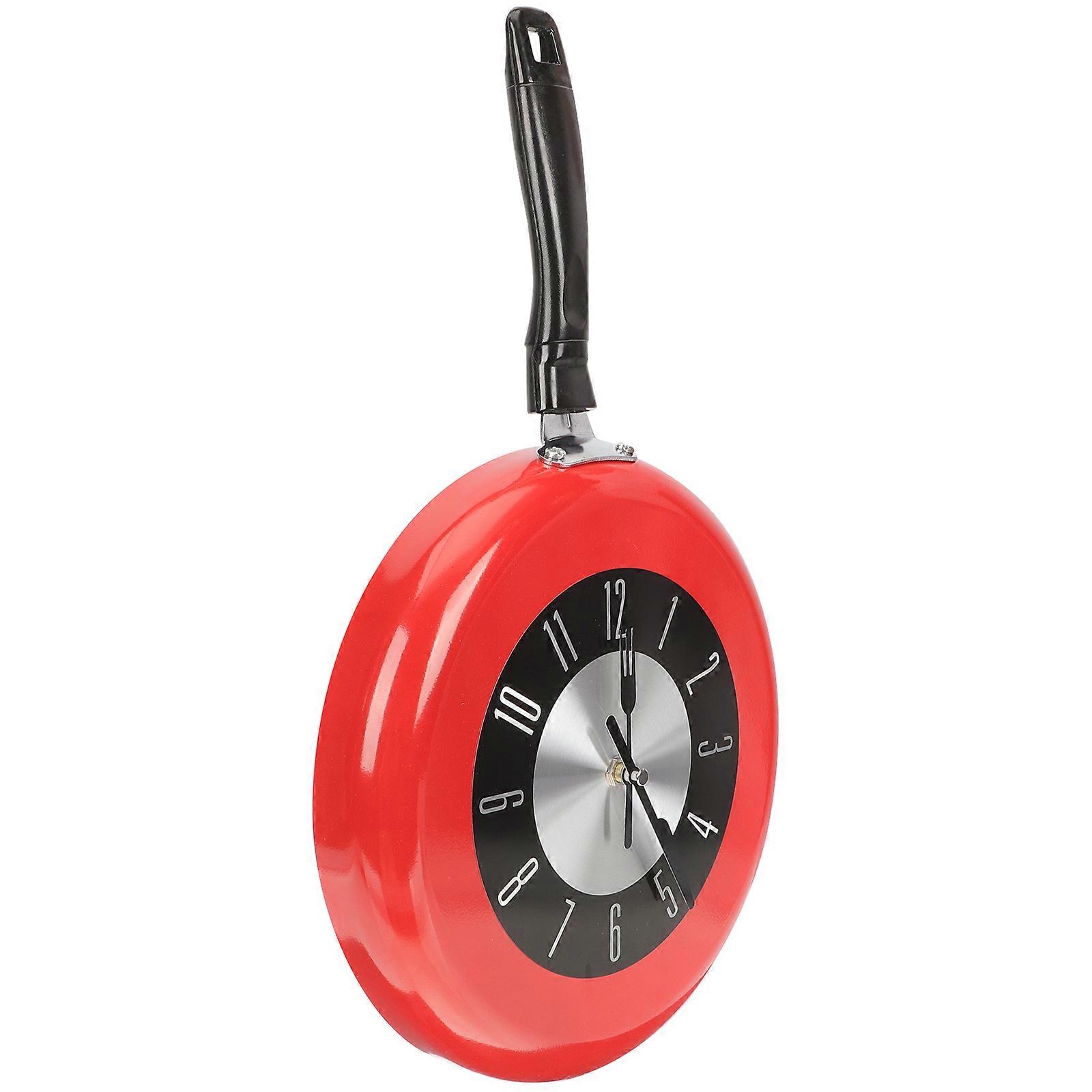 Red Frying Pan Wall Clock Metal Hanging Clock for Kitchen 2Pcs