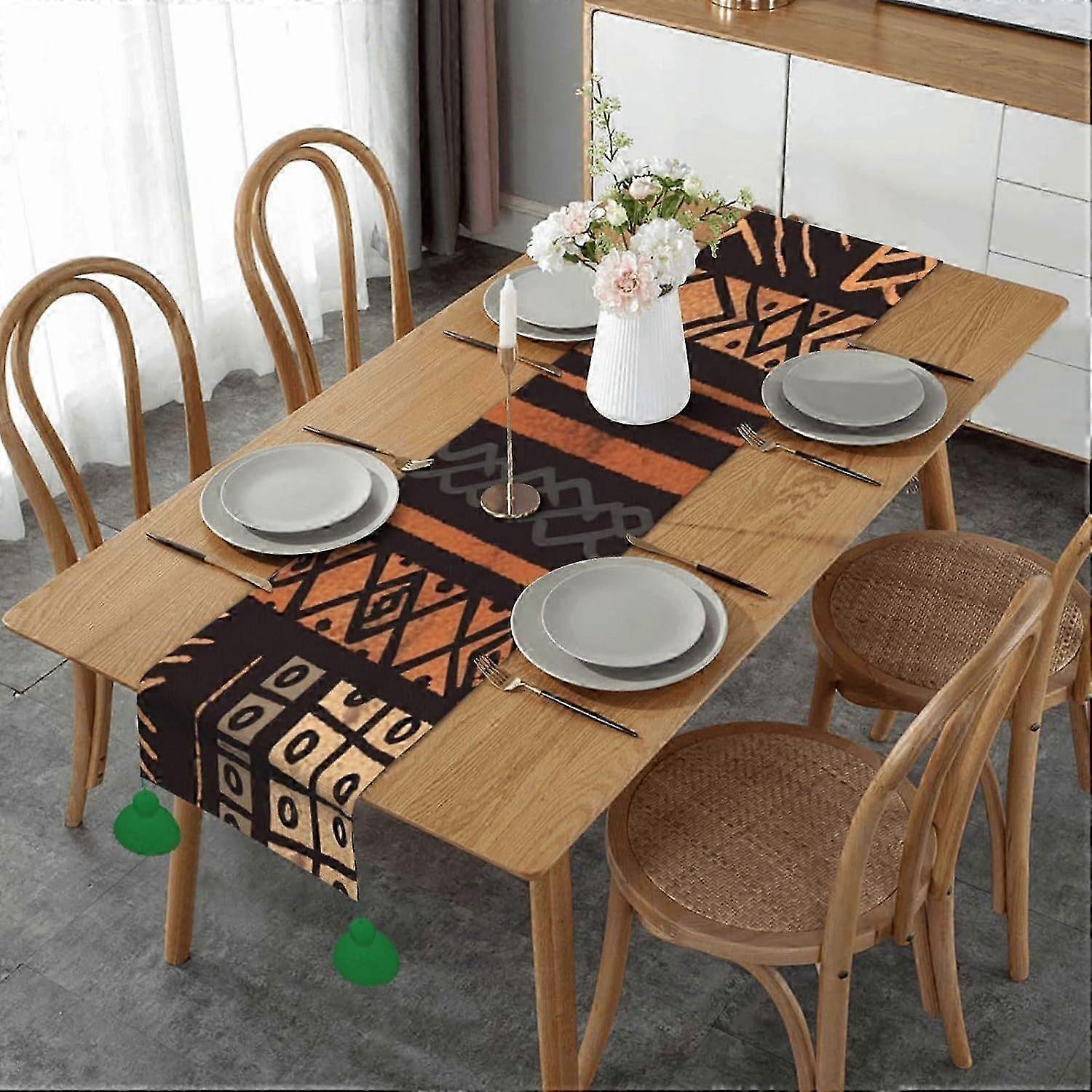 African Mud Cloth Tribal Print Christmas Table Runner Linen With Tassel Table
