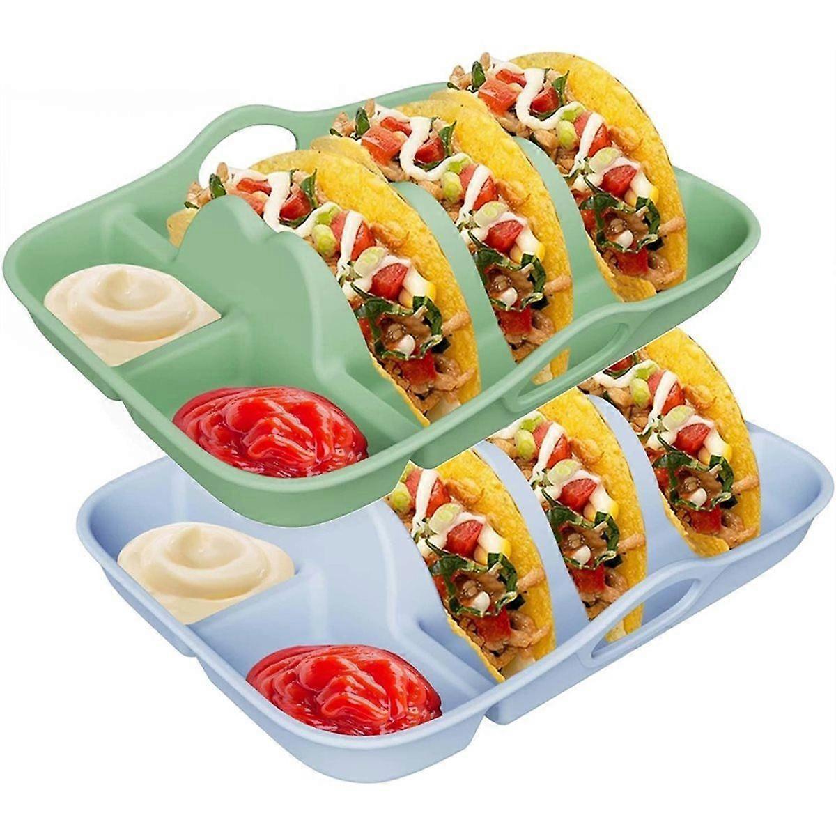 Silicone Taco Holder Plates Set of 2 with Dividers & Dip Trays, 10 in Non-Slip Taco Stands with Carry Handles B