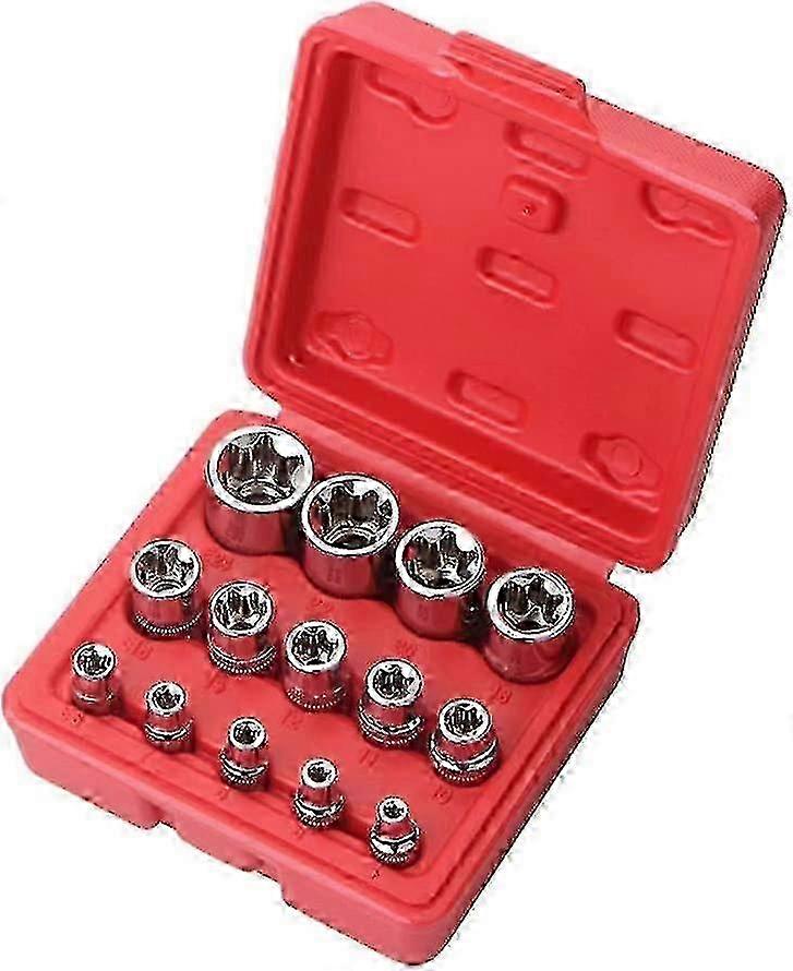 Female E-torx Star Socket Set With Case, 1/4, 3/8, 1/2 In. Drive External Star Socket Set E4-e24 Torque Socket Set(red)(14pcs) Hr