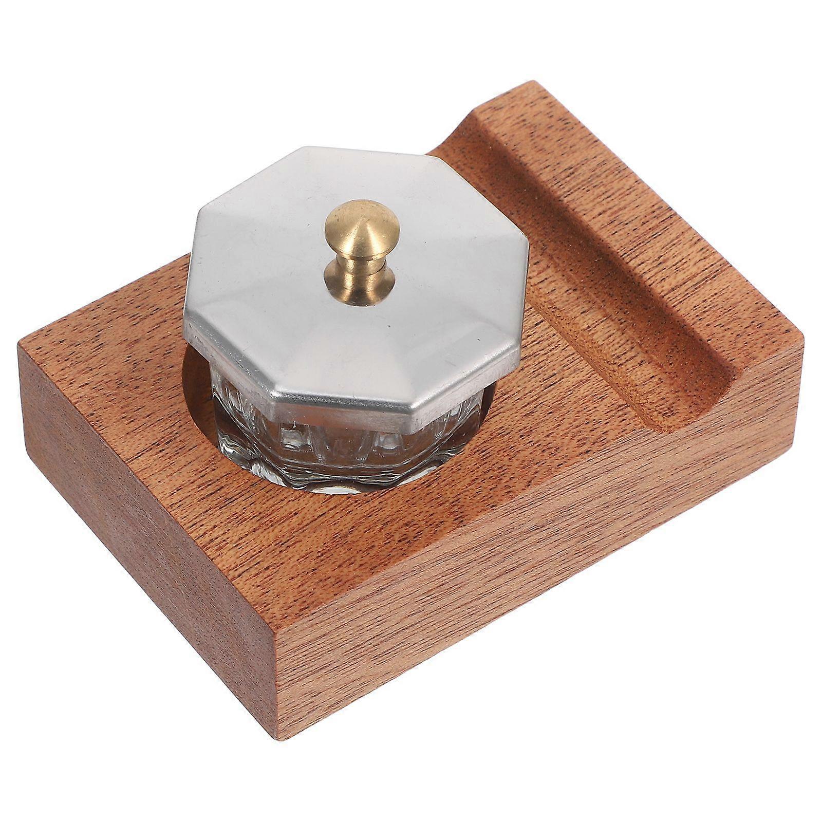 1 Set Desk Pen Stand with Inkwell Wooden Tilting Calligraphy Brush Holder with Glass Ink Bottle Container Oblique Nib Holder Rest for Home Office