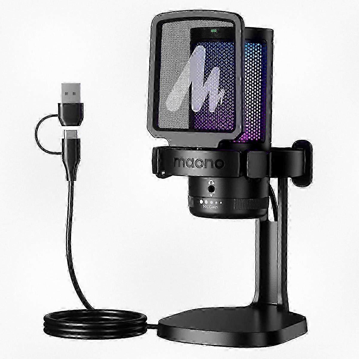 DGM20 USB RGB Gaming Condenser Microphone with Noise Reduction for Live Streaming and Recording in Black