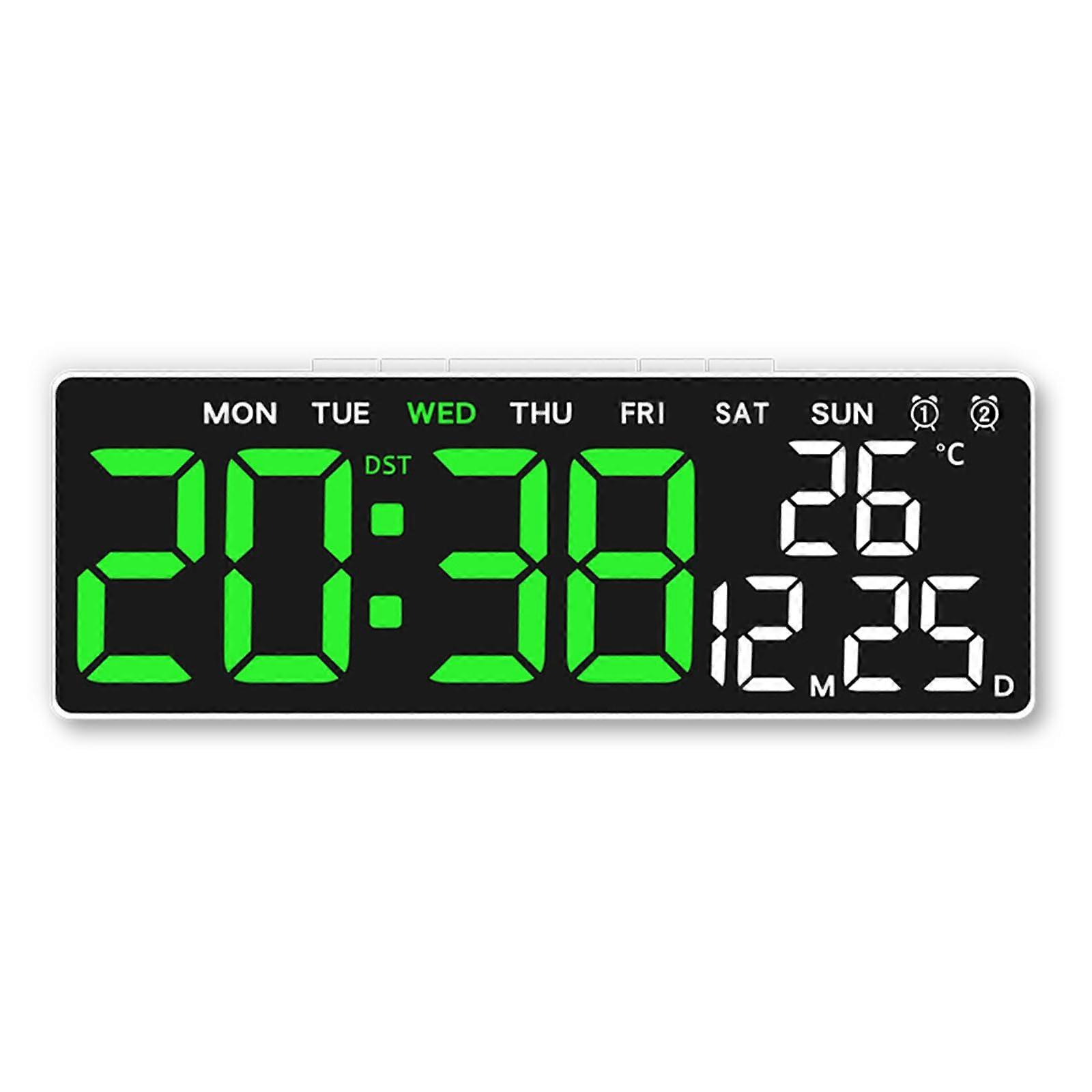 Multifunctional Wall Mounted LED Digital Clock Adjustable Brightness For Office White Shell Green LED Display