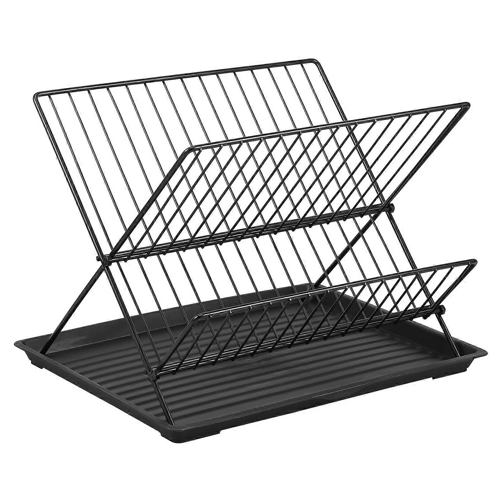 FUYGRCJ Dish Drying Rack with Drip Tray, Foldable 2-Layer Carbon Steel Drainer for Countertop or Cabinet