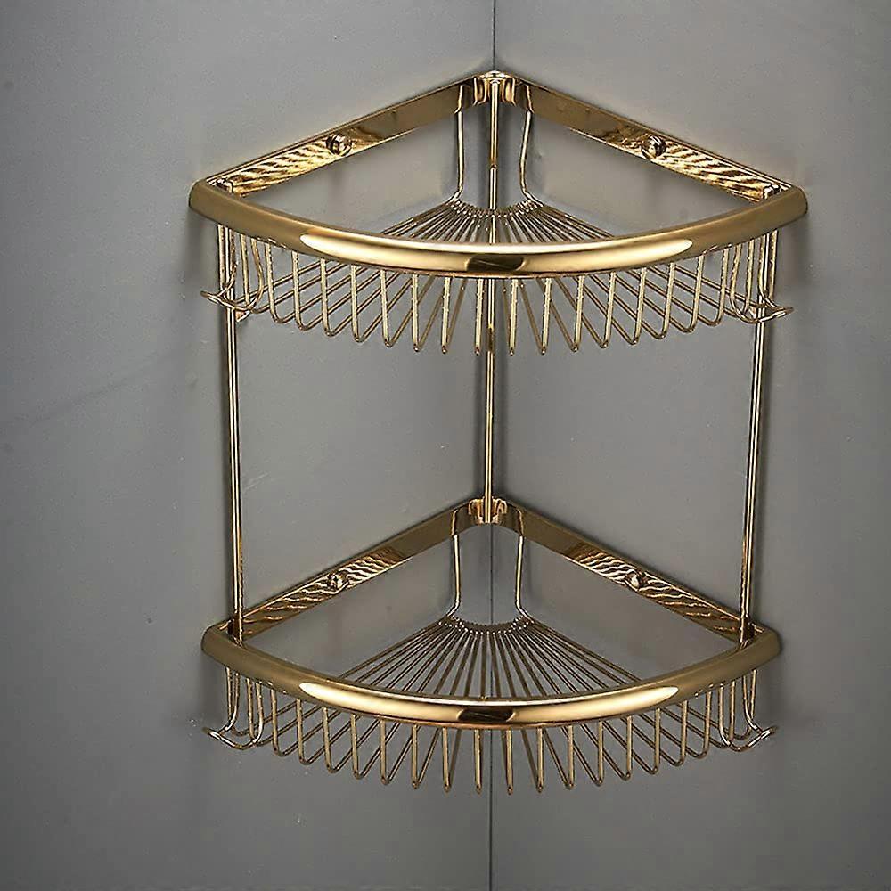 2 Tier Shower Baskets RustResistant Brass WallMounted Corner Caddy Gold With Hook And Shampoo Holder