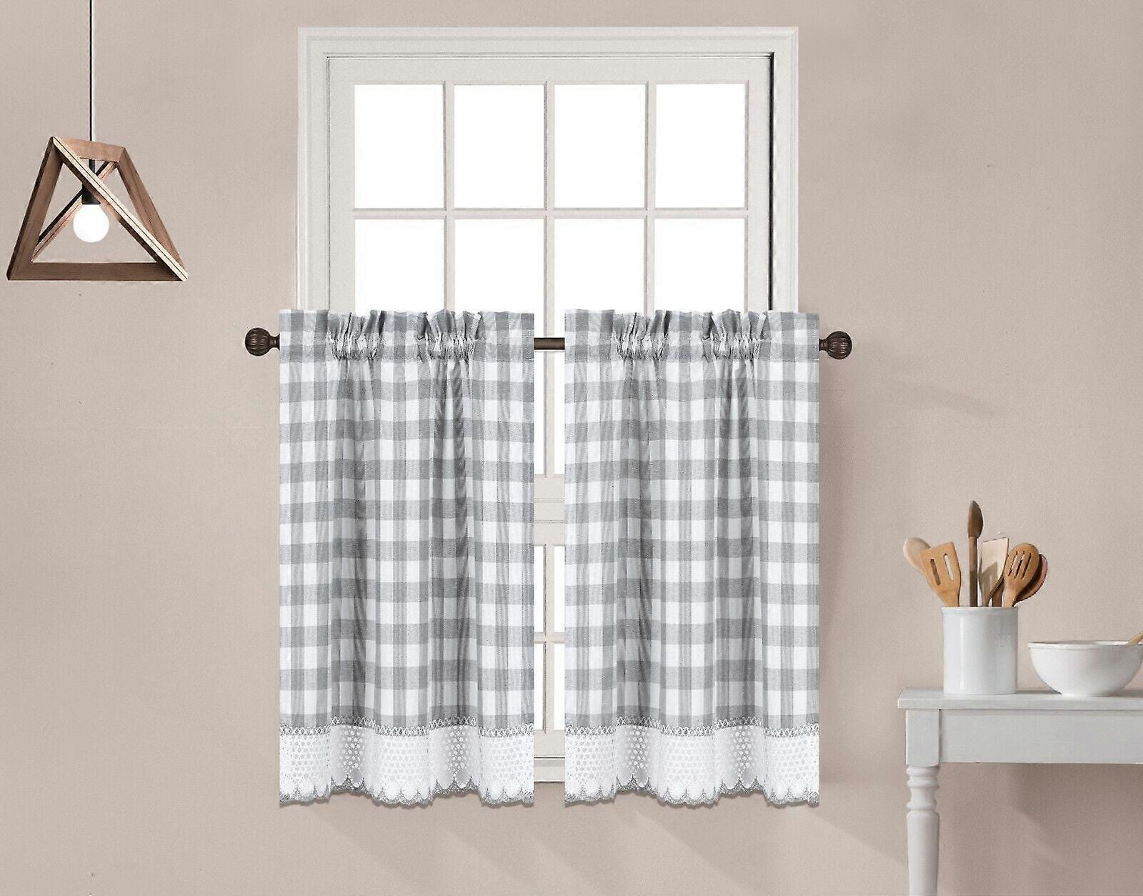 2 Piece Plaid Gingham Crochet Trim Window Curtain Tier Panel Set