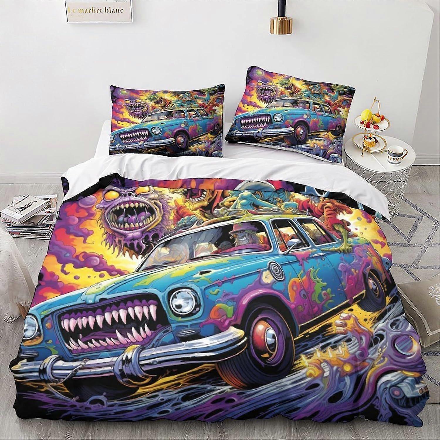Monstros edredom capa conjunto 3D impresso dos desenhos animados com fronha de travesseiro carro vintage colcha capa roupa de cama King