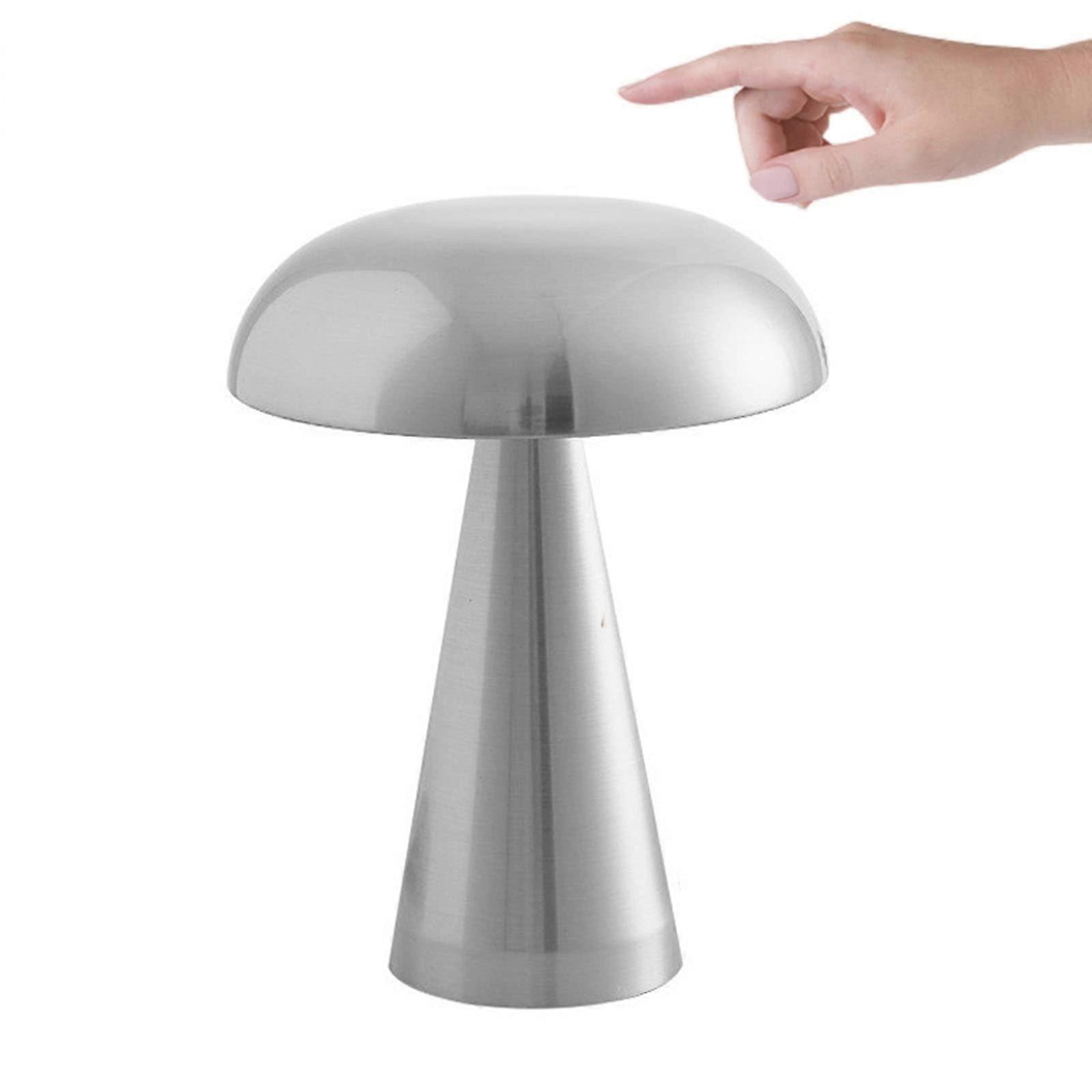 Mushroom Led Table Lamp, Touch Sensor, Rechargeable Cordless Desk Night Light, Bedside Lamp, Silver Finish