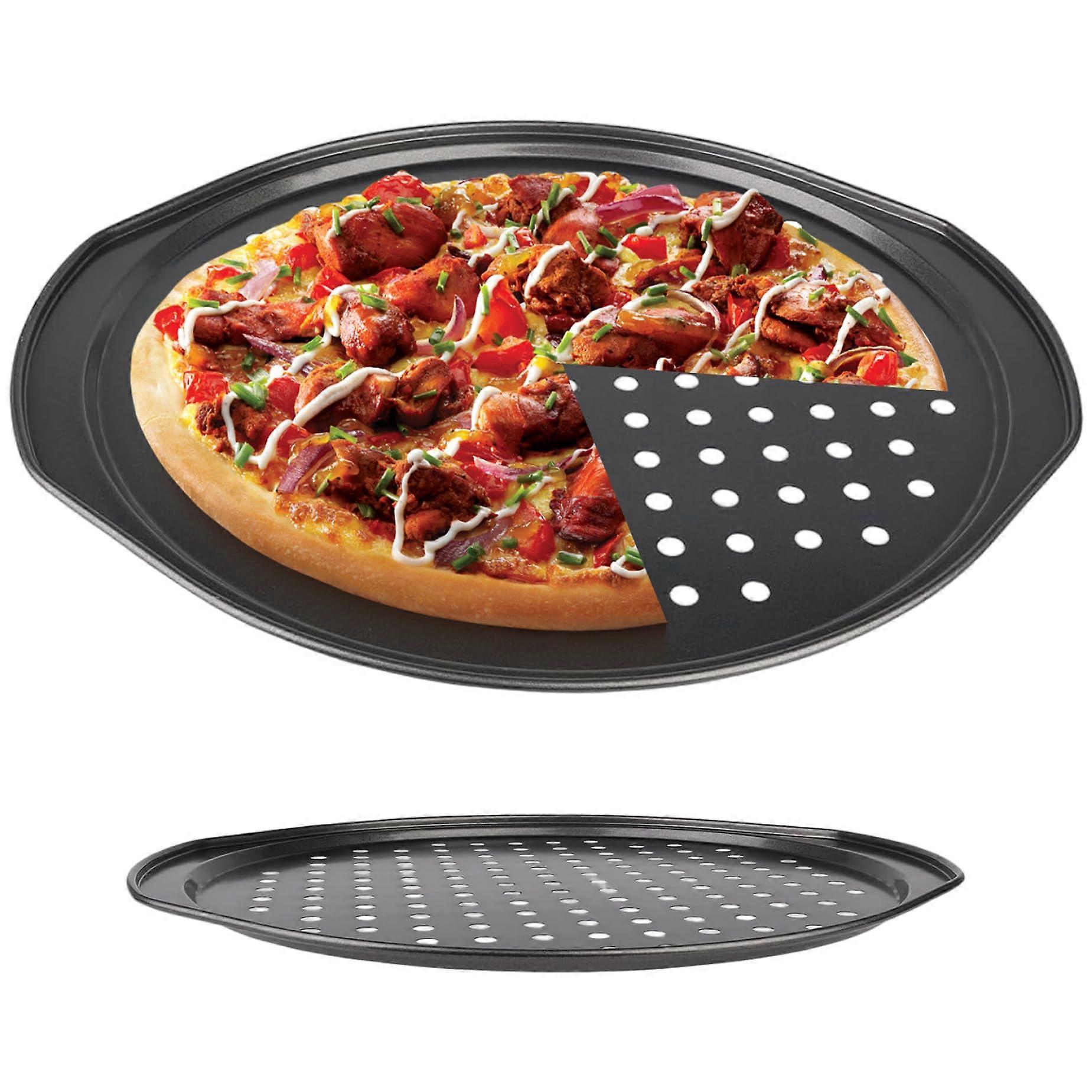 14 Inch Nonstick Pizza Pan with Holes and Handle, Rust Steel Round Baking Tray for Bread and Cakes