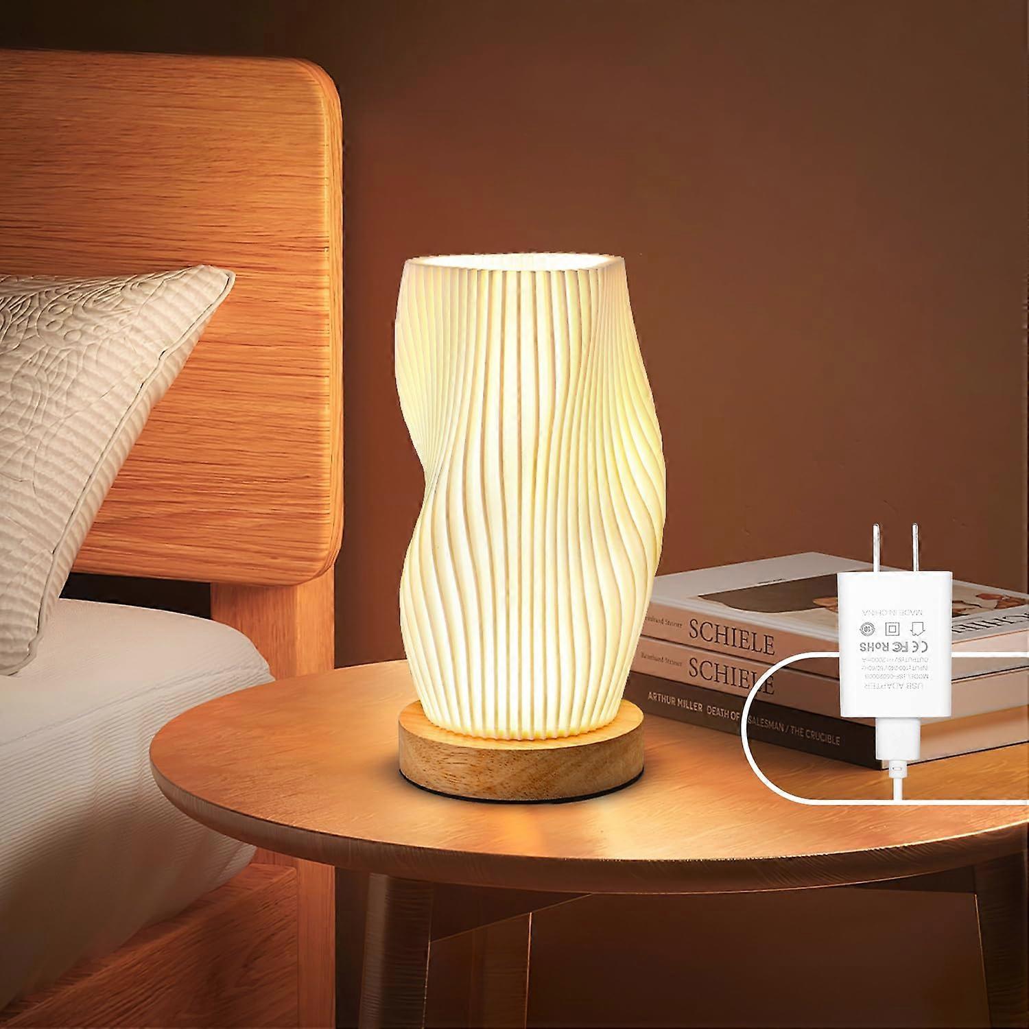 LED Bedside Lamp with Wooden Base, 3D Printed Lampshade, 3 Light Modes, 10Level Dimming, White