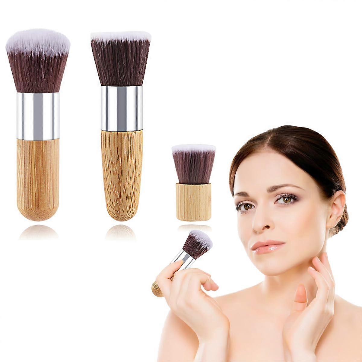 3PCS Mini Travel Foundation Brush Set with Synthetic Bristles Bamboo Handle for Flawless Makeup