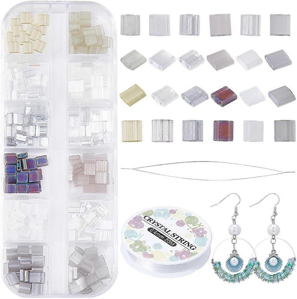 240Pcs 2 Hole Beads Kit 12 Colors Mix Glass Japanese Seed Beads Bulk Rectangle Mini Square Beading Needles Elastic Thread for Craft Bracelet Necklace 