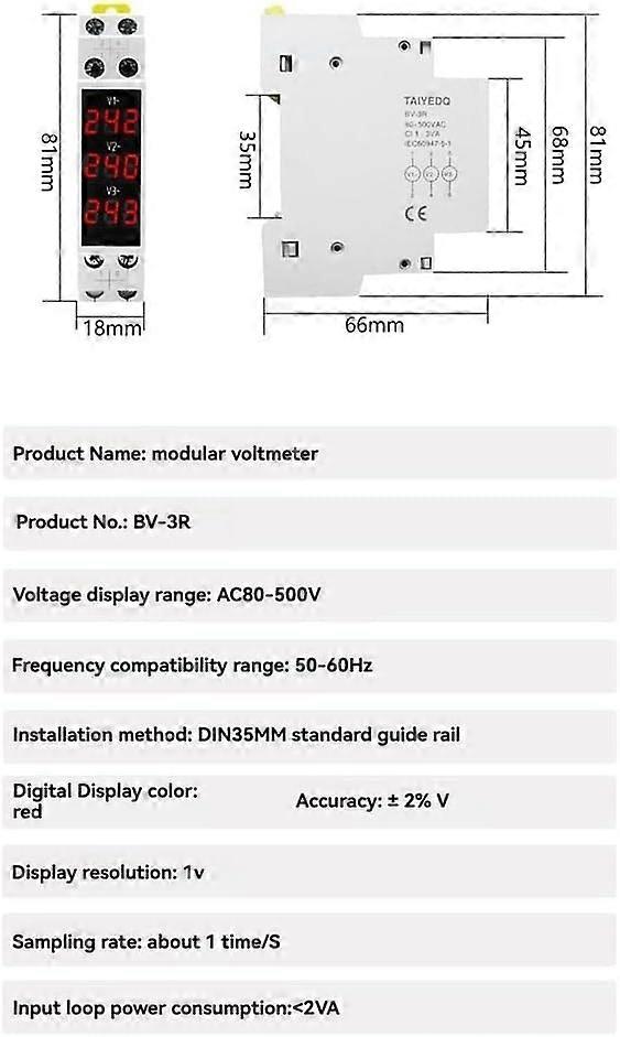 Three Phase Digital Voltmeter 80500V AC DIN Rail Mount with Clear Mini LED Display