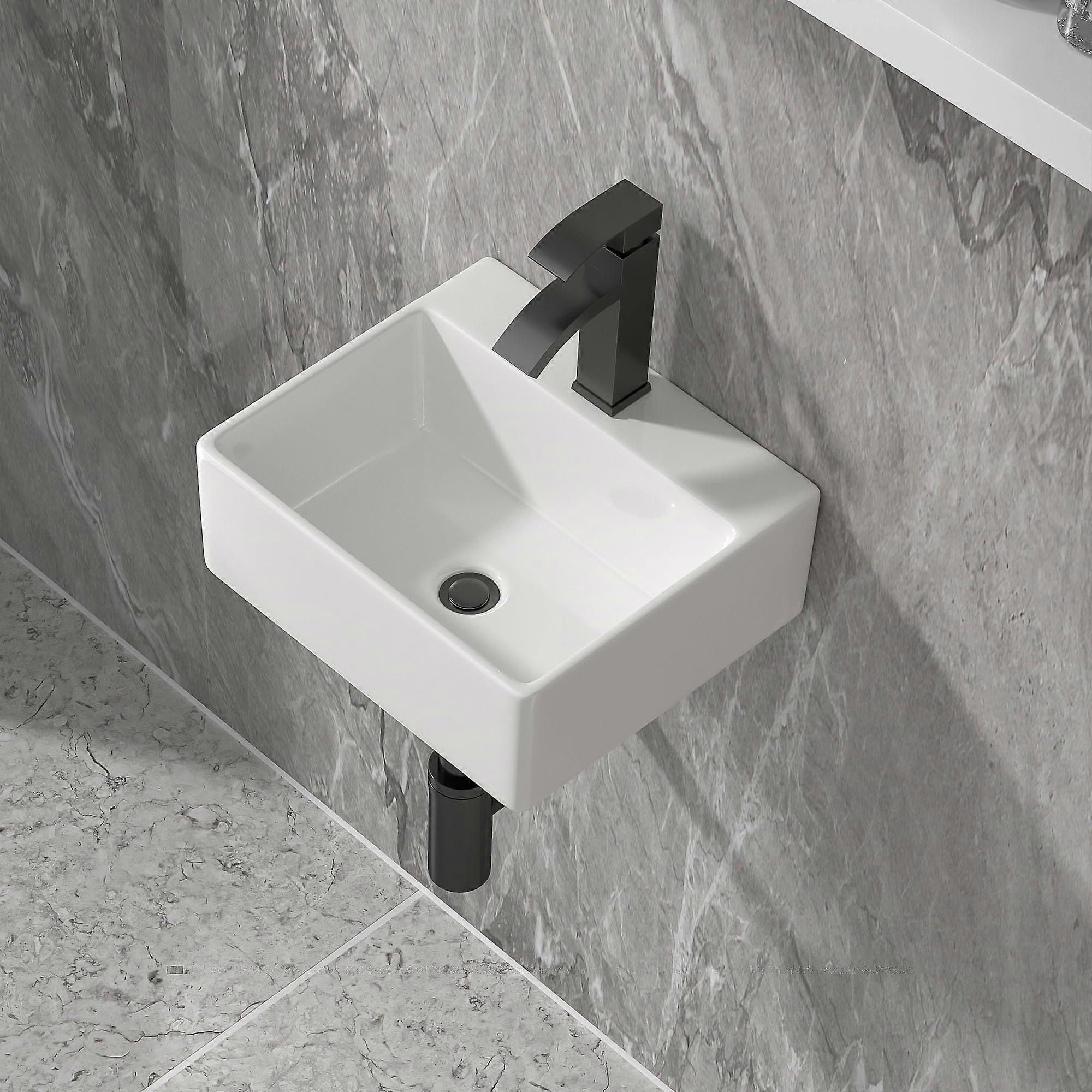 Bathroom Vessel Sink, SpaceSaving Wall Mounted White Ceramic Rectangular Basin, Modern EasyClean Design