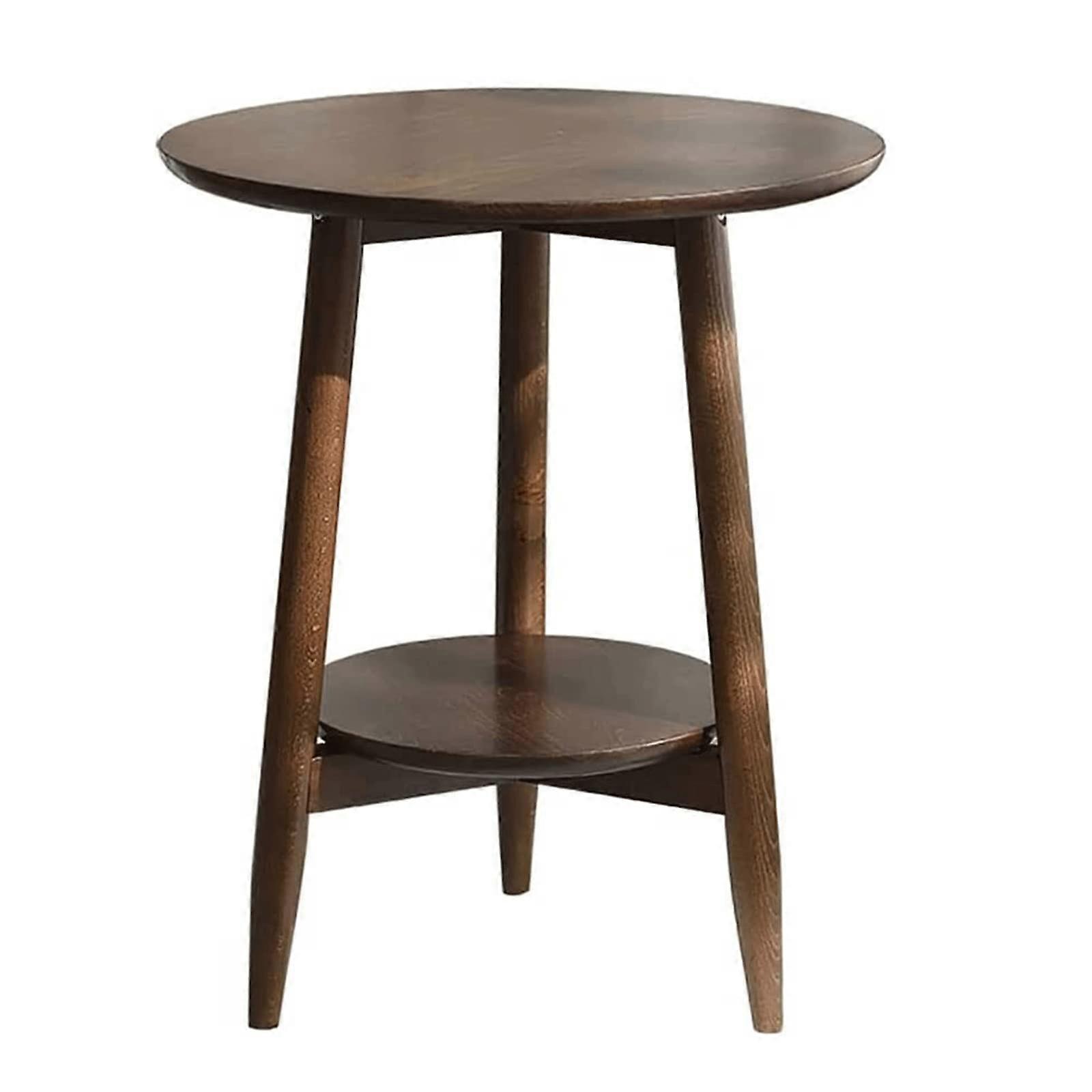 Solid Wood Round 2Tier Nightstand with Shelf, SpaceSaving Bedside Table for Bedroom, 50cm Brown