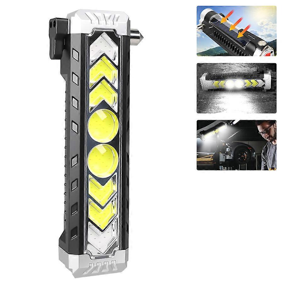 Multi-function LED COB Repair Work Light Rechargeable Solar Flashlight with Magnet Hook Portable Car Safety Hammer Flashlights