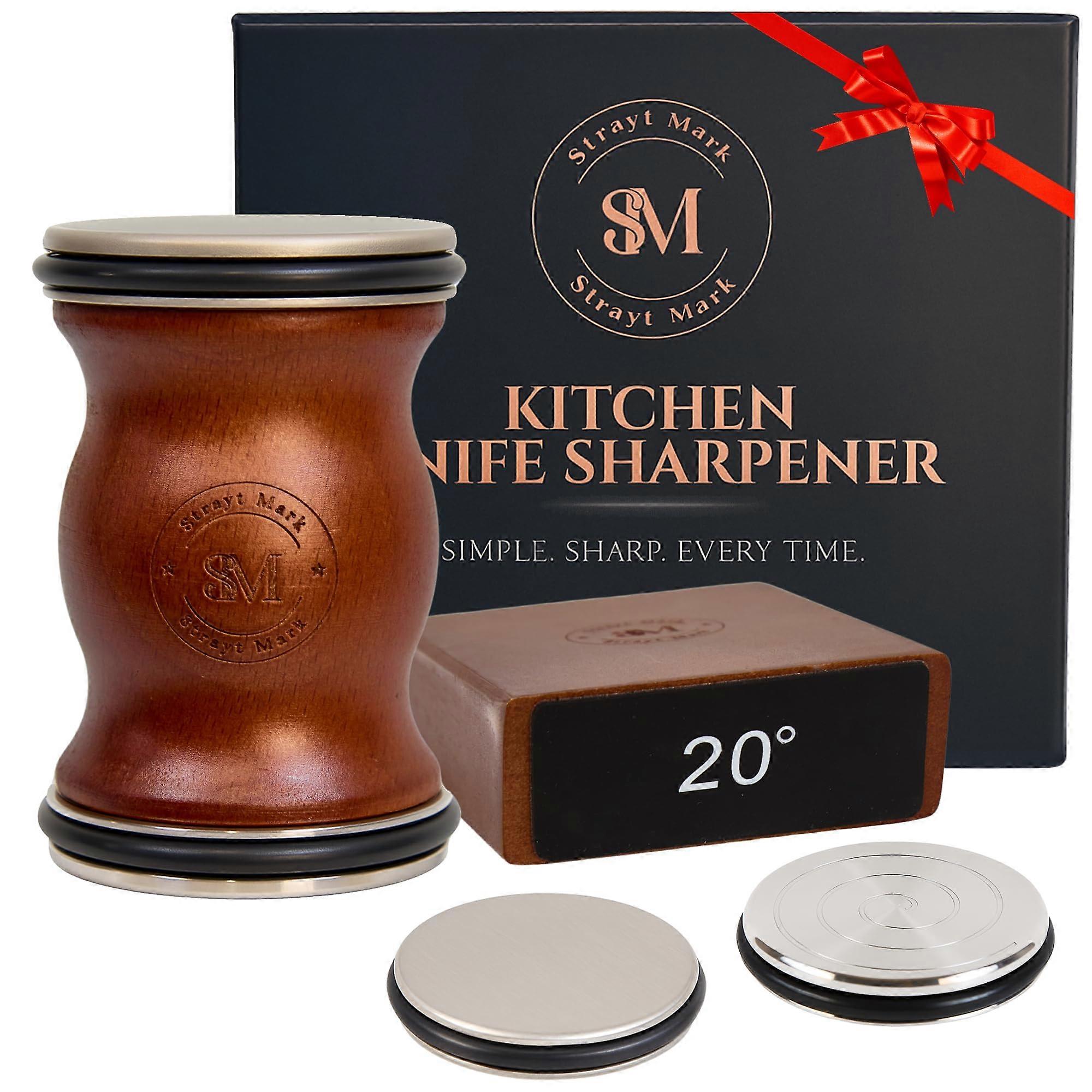 Rolling Knife Sharpener Kit with Magnetic Angle Guide and Dual Grit Diamond Discs, Walnut Wood Base