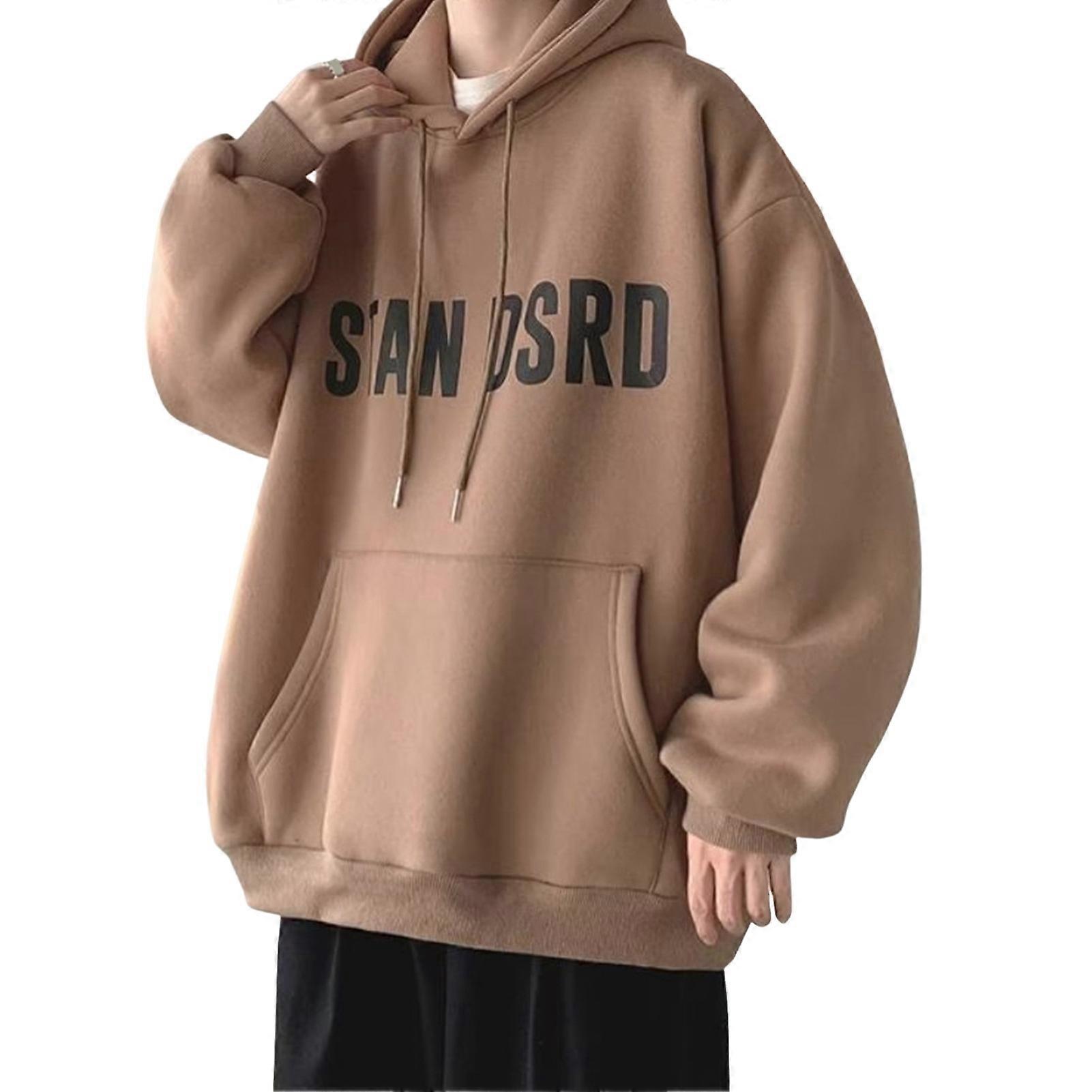 Men Fall Winter Hoodie Solid Color Plus Size Letter Printing Drawstring Long Sleeves Big Pocket
