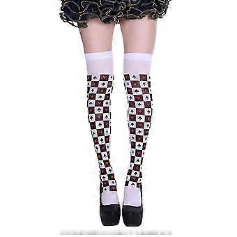 Halloween Women Thigh High Stockings Funny Poker Card Suit Plum Flower Heart Print Over Knee Long Socks Cosplay Costume,C