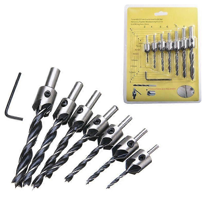 7Pcs Three-Point Countersink Drill Bits Set, Black Metal Wood Drill Set