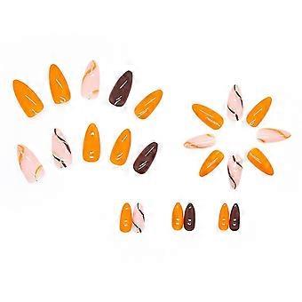 Mandelfarbene künstliche Fingernägel, mittelgroß, braun, orange Acryl-Nägel, glänzend, volle Deckkraft, orange & braun, 24 Stück (1 Packung)
