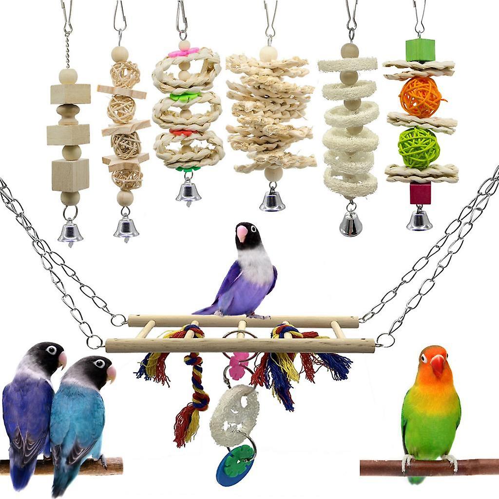 7x Bird Parrot Chew Toy Bird Wooden Swing Toy For Small to Large Birds
