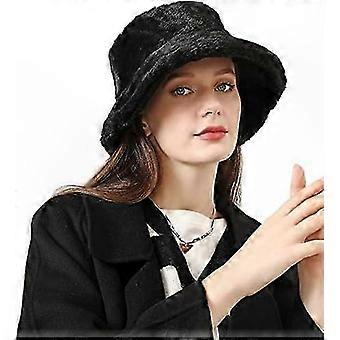 Women's Faux Fur Bucket Hat, Wide Brim Plush Winter Hat, Thickened Fluffy Warm Hat for Ladies and Girls, Vintage Style