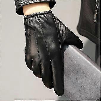 Velvet Linning Men Business Sheepskin Leather Gloves Winter Full Finger Touch Screen Brown Gloves Riding Motorcycle Gloves