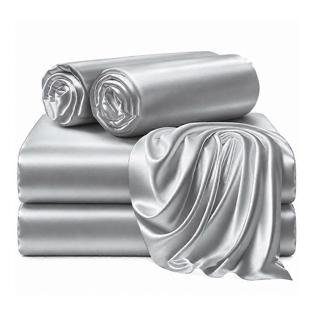 Silk Like Polyester Bedding Set Flat Sheet Fitted Sheet Pillowcases Satin