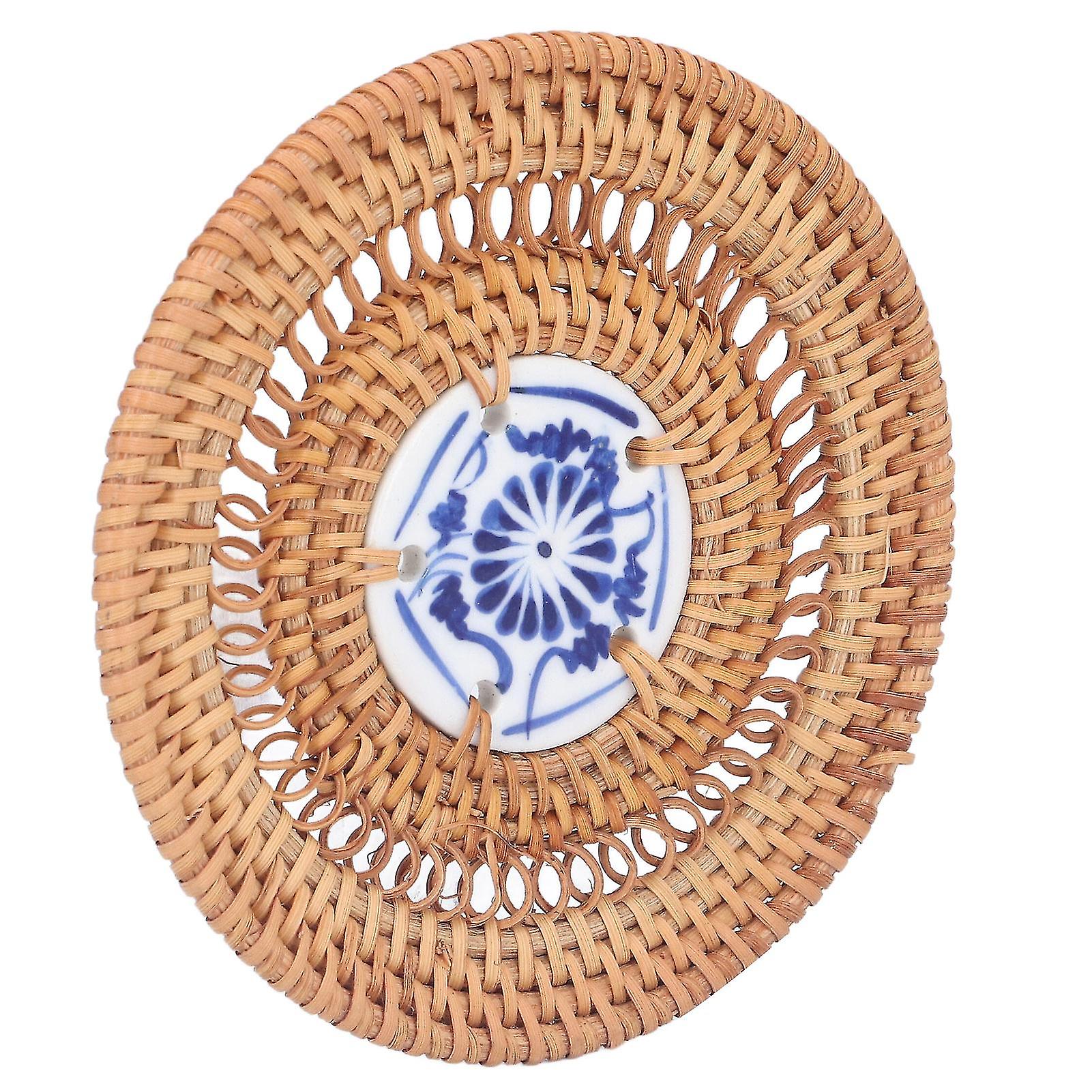 Blue and White Porcelain Coaster Set with Round Woven Rattan Holder - Elevate Your Beverage Experience with Basil and Rattan Cups(10cm)