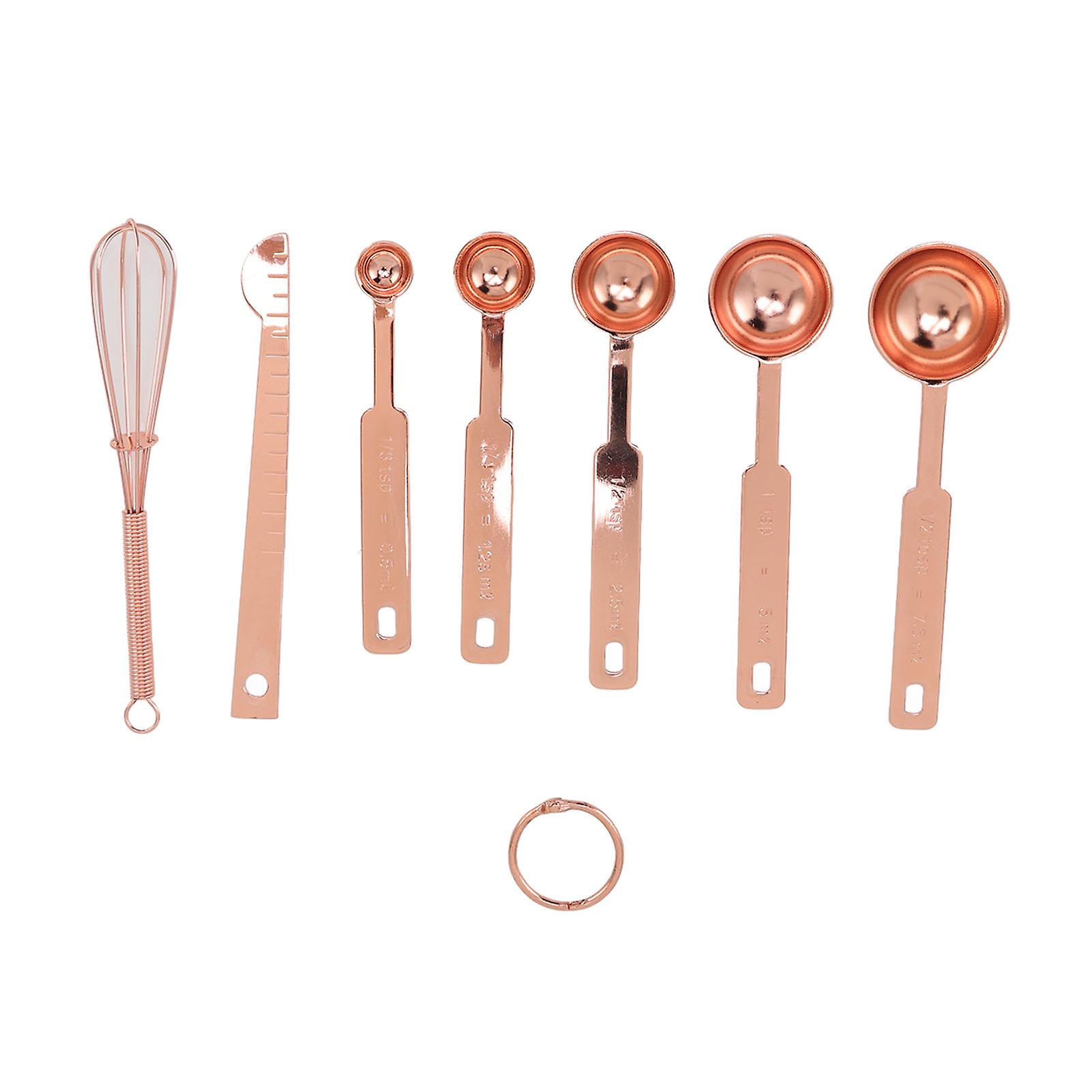 7 in 1 Stainless Steel Measuring Spoons Set, Stackable Multifunction Kitchen Spoons with Leveler and Eggbeater in Rose Gold Finish