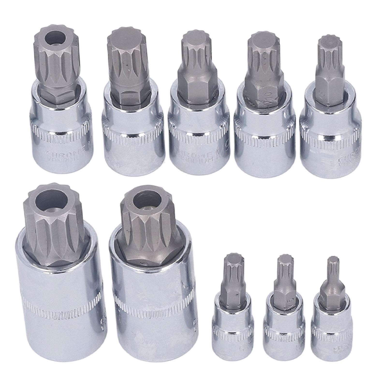 10 Pcs Triple Square Spline Bit Socket M4 To M18 1/4in 3/8in 1/2in Drive CR V Bit Socket Set with Storage Box