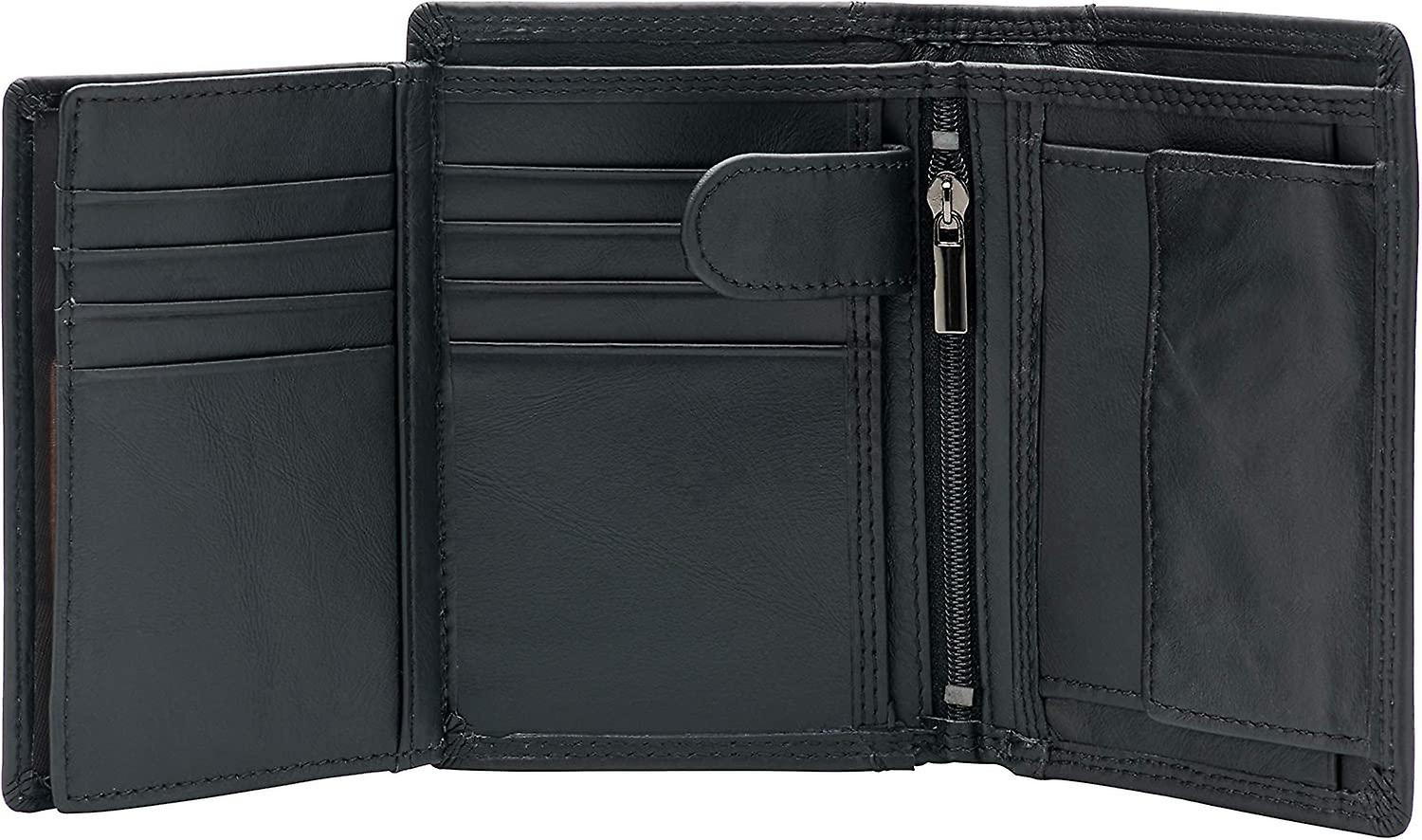 Large RFID Blocking Trifold Leather Wallet for Men with 3 ID Windows and Zipper Coin Pockets(Black)