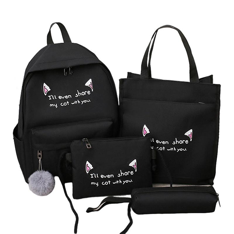 School Student Backpack College Bookbag Travel Bag Fashion Trend Four-piece Canvas Cat Ears