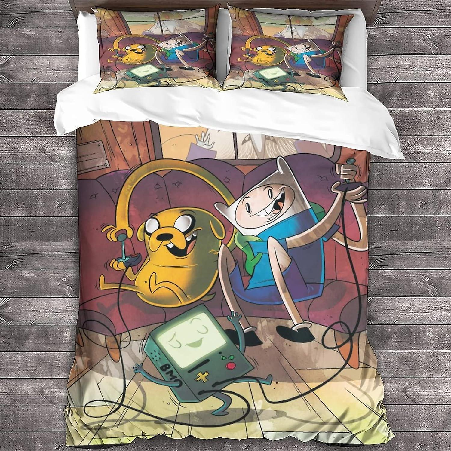 GENBAK Adventure Time Set di biancheria da letto Animazione Set copripiumino 3 pezzi, Set di piumino per camera da letto di animazione 3D in microfibra doppio