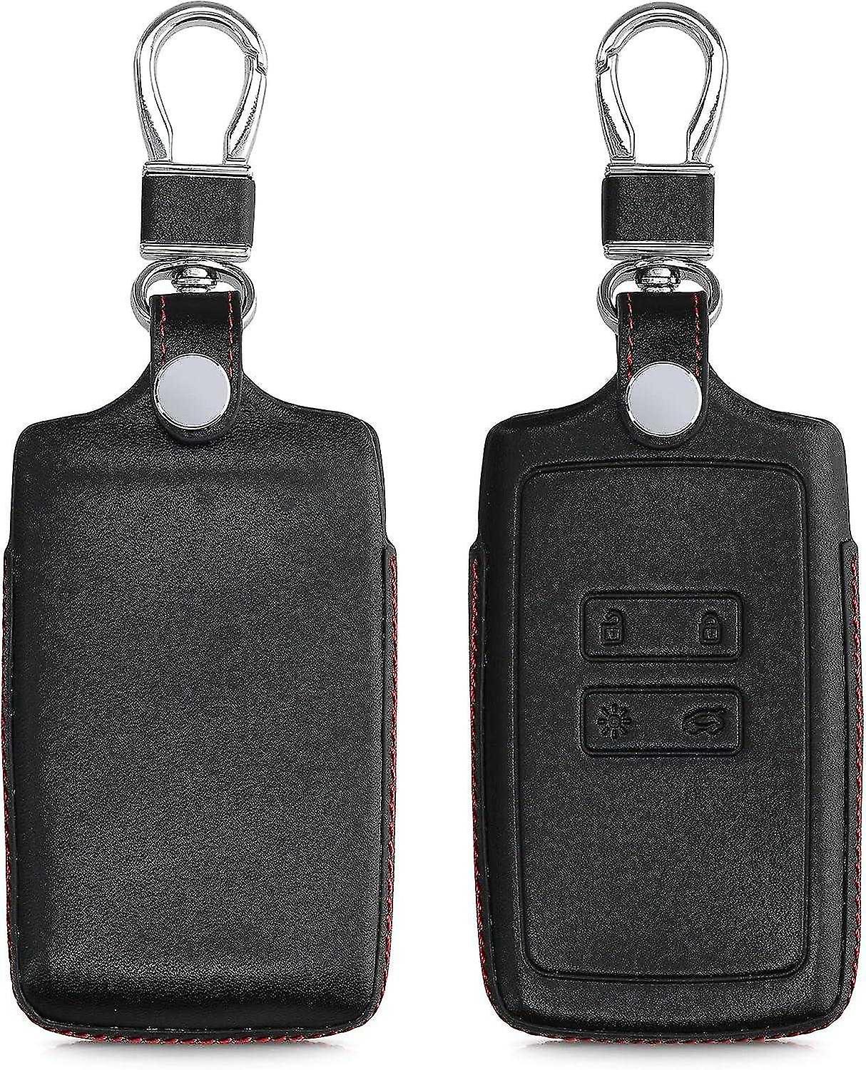 Shell Compatible with Renault Smart Key 4-Button (Keyless Go Only) - Black-Red - Genuine Leather Car