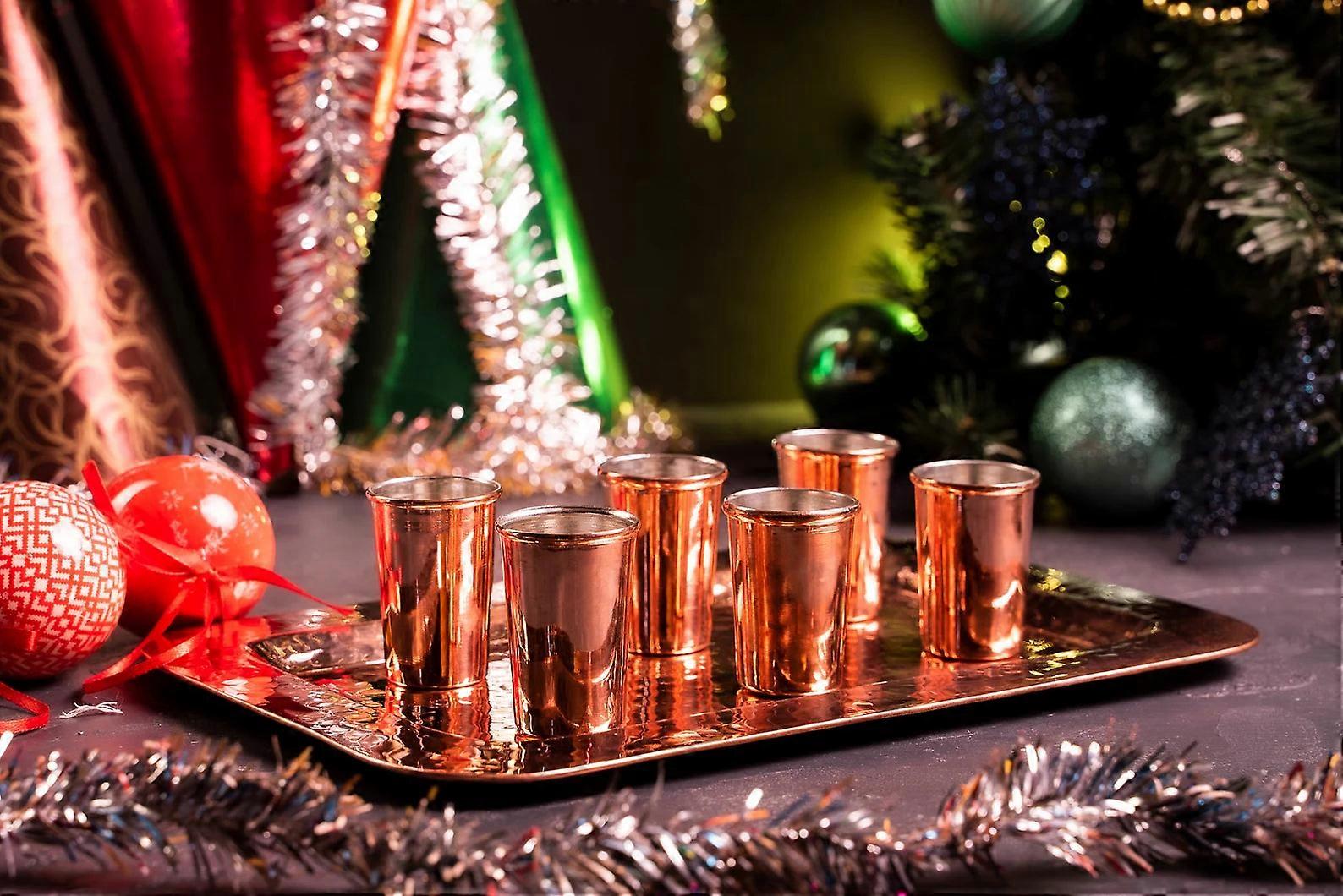 Copper Serving Tray And Cup Set Of 7 | Handmade Solid Copper Shot Glasses And Tray Set