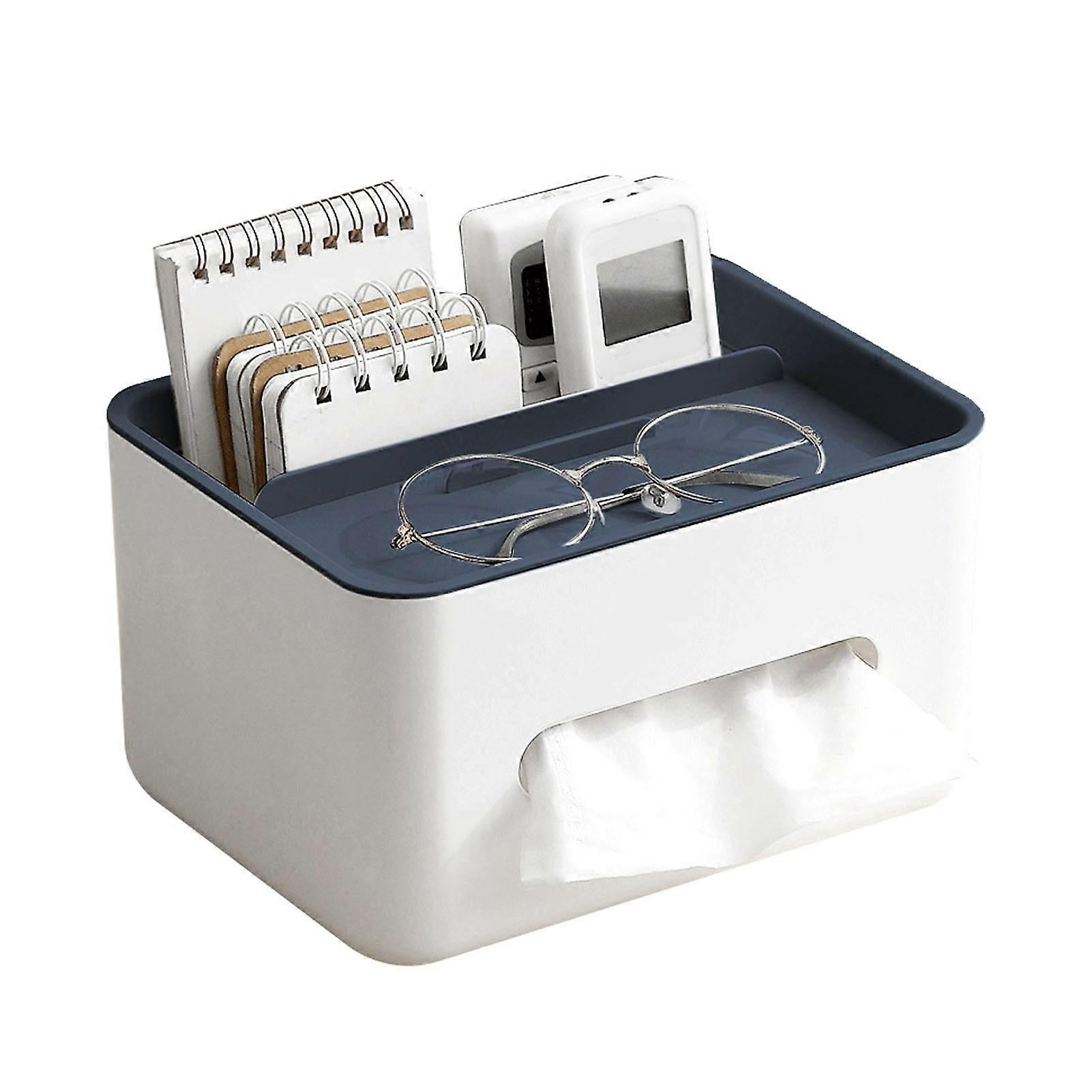 Tissue Box Cover Rectangular Multifunctional Napkin Box Holder with Remote Control Box for Living Room Office White Base Blue Lid
