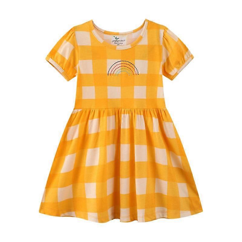 Été Décontracté Confortable Coton Filles Robe Jaune Plaid Crew Neck Jupe Enfant
